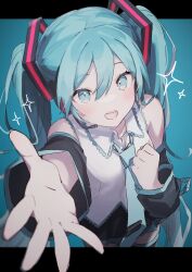 Rule 34 | 1girl, absurdres, aqua background, aqua eyes, aqua hair, aqua necktie, bare shoulders, black skirt, blush, breasts, clenched hand, commentary request, cowboy shot, detached sleeves, frilled shirt collar, frills, hair between eyes, hand on own chest, hand up, hatsune miku, headset, highres, letterboxed, long hair, looking at viewer, necktie, open hand, open mouth, reaching, reaching towards viewer, shiratakiseaice, shirt, simple background, skirt, small breasts, smile, solo, teeth, twintails, upper teeth only, very long hair, vocaloid, white shirt