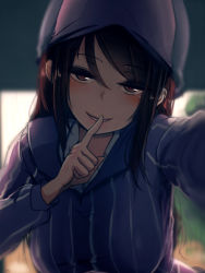 Rule 34 | 10s, 1girl, absurdres, at2., blue hat, blurry, blush, breasts, brown eyes, brown hair, commentary request, depth of field, eyelashes, finger to mouth, girls und panzer, hair between eyes, hat, highres, large breasts, leaning forward, long hair, long sleeves, looking at viewer, mika (girls und panzer), outstretched arm, shushing, signature, smile, solo, swept bangs, upper body