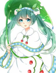 Rule 34 | 1848066491, 1girl, aqua hair, bad id, bad pixiv id, blue eyes, capelet, chuor (chuochuoi), flower, hairband, hatsune miku, highres, leaf, lily of the valley, long hair, looking at viewer, open mouth, simple background, smile, snowflake print, snowflakes, solo, sparkle, twintails, very long hair, vocaloid, yuki miku