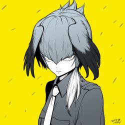 Rule 34 | 1girl, closed mouth, dated, hair between eyes, head wings, highres, jacket, kemono friends, looking at viewer, necktie, sanpaku, shoebill (kemono friends), side ponytail, signature, solo, tocky, upper body, wings, yellow background