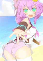 Rule 34 | 1girl, absurdres, arm warmers, artist request, ass, azur lane, bare shoulders, blush, breasts, cameltoe, from behind, green eyes, hair ornament, highres, javelin (azur lane), jewelry, looking at viewer, open mouth, outstretched arm, panties, pink panties, purple hair, ring, school uniform, shiny skin, short hair, side ponytail, sideboob, skirt, solo, thighhighs, underwear