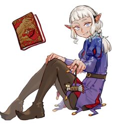 Rule 34 | 2boys, absurdres, afterimage, androgynous, ass, belt, black pantyhose, blue eyes, book, braid, braided ponytail, coin (ornament), dangling, dark-skinned male, dark skin, dungeon meshi, elf, feeding, force-feeding, from side, full body, hand on own knee, highres, holding, holding rope, jester, kicking, knees up, laios touden, long hair, long sleeves, looking at viewer, looking to the side, mini person, miniboy, multiple boys, neck ruff, outstretched arm, pantyhose, plant, pointy ears, puff and slash sleeves, puffy sleeves, renxzd, restrained, rope, sidelocks, simple background, single braid, sitting, size difference, smile, solo focus, thistle (dungeon meshi), vines, white background, white hair