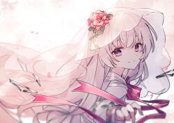 Rule 34 | 1girl, absurdres, arcaea, bow, bowtie, commentary, dot nose, flower, grey hair, grey shirt, highres, hikari (arcaea), hikari (zero) (arcaea), long hair, long sleeves, looking at viewer, looking back, miyu (miy u1308), outstretched hand, pink bow, pink bowtie, pink eyes, pink flower, pink rose, rose, shirt, simple background, smile, solo, upper body, veil, white background