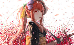 Rule 34 | 1girl, bad id, bad pixiv id, elesis (elsword), elsword, floral print, flower, hair flower, hair ornament, highres, japanese clothes, kimono, long hair, looking at viewer, mask, mouth mask, obi, petals, ponytail, red eyes, red hair, sash, solo, sword, upper body, weapon, white background, yi (sad55566777)