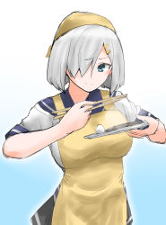 Rule 34 | 1girl, 30-06, apron, bandana, blue eyes, breasts, chopsticks, frown, hair ornament, hair over one eye, hamakaze (kancolle), highres, holding, holding plate, kantai collection, large breasts, looking at viewer, plate, sailor collar, school uniform, serafuku, short hair, simple background