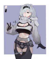 Rule 34 | 1girl, animal ears, arknights, aurora (arknights), bear ears, biefanjianle, black gloves, black hairband, black shirt, blue eyes, breasts, chaps, cleavage, cowboy shot, crop top, cropped jacket, gloves, grey hair, grey shorts, hair over one eye, hairband, jacket, large breasts, long sleeves, midriff, navel, open mouth, purple background, shirt, short hair, short shorts, shorts, solo, standing, stomach, thighs, white jacket