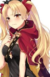 Rule 34 | 1girl, animal print, between breasts, blonde hair, blush, breasts, butterfly print, cape, closed mouth, earrings, ereshkigal (fate), fate/grand order, fate (series), frown, furrowed brow, gold trim, hair ribbon, hand on breast, highres, jewelry, kayano (hizukis ), long hair, looking at viewer, medium breasts, pink lips, red cape, red eyes, red ribbon, ribbon, simple background, skull, solo, spine, tiara, tohsaka rin, two side up, upper body, white background