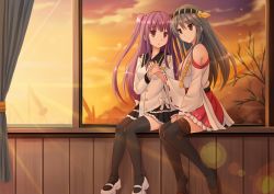 Rule 34 | 10s, 2girls, black hair, brown eyes, female admiral (kancolle), hair ornament, holding hands, haruna (kancolle), highres, jewelry, kantai collection, kazenokaze, long hair, multiple girls, original, purple hair, ring, smile, thighhighs, two side up, wedding band, wife and wife, yuri, zettai ryouiki