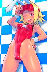 Rule 34 | 1girl, animal ears, aq interactive, arcana heart, atlus, blonde hair, breasts, bunny ears, catherine kyoubashi, cleft of venus, erect nipples, examu, eyes closed, highres, open mouth, pussy, short hair, small breasts, smile, solo, swimsuit, tkg, v