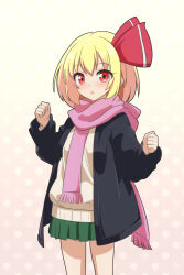 Rule 34 | 1girl, black jacket, blonde hair, bow, cato (monocatienus), expressionless, green skirt, hair bow, highres, hood, hoodie, jacket, looking at viewer, open mouth, pink scarf, polka dot, polka dot background, red bow, red eyes, rumia, scarf, short hair, skirt, solo, touhou, white background, white hoodie