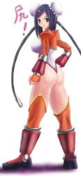 Rule 34 | 1girl, android, aq interactive, arcana heart, ass, atlus, blush, breasts, bun cover, cleavage, double bun, examu, full body, hair bun, hand on own hip, kihaiu, leotard, long image, looking at viewer, looking back, mei-fang, orange legwear, parted bangs, simple background, solo, standing, tall image, thong leotard, translation request, white background, white leotard