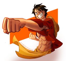 Rule 34 | 1boy, abs, artist name, black hair, cardigan, clenched hand, facial scar, grin, hat, hat on back, highres, keysandcrosses, male focus, monkey d. luffy, one eye closed, one piece, open cardigan, open clothes, punching, red cardigan, sash, scar, scar on cheek, scar on chest, scar on face, short hair, short sleeves, simple background, smile, solo, straw hat, teeth, toned, toned male, white background, yellow sash