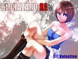 Rule 34 | 1girl, bare shoulders, blue eyes, breasts, brown hair, capcom, cleavage, closed mouth, commentary request, jill valentine, legs, looking at viewer, medium breasts, nagare, resident evil, resident evil 3, resident evil 3: nemesis, short hair, skirt, smile, solo