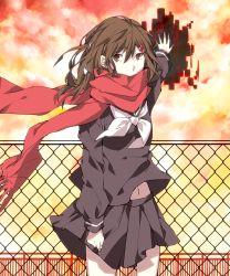 Rule 34 | 1girl, anime coloring, bad id, bad pixiv id, brown eyes, brown hair, chain-link fence, enpera, fence, floating scarf, hair ornament, hairclip, highres, kagerou project, long hair, looking at viewer, manako (manatera), navel, pleated skirt, red scarf, scarf, school uniform, serafuku, skirt, solo, tateyama ayano, wind
