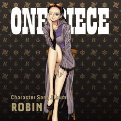Rule 34 | 1girl, album cover, black footwear, black hair, copyright name, cover, female focus, hand on own face, highres, crossed legs, long hair, nico robin, oda eiichirou, official art, one eye closed, one piece, shoes, sitting, solo, sunglasses on head, tagme