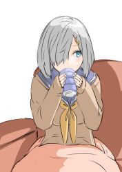 Rule 34 | 1girl, 30-06, absurdres, blanket, breasts, brown sweater, cup, drink, grey hair, hair ornament, hair over one eye, hairclip, hamakaze (kancolle), highres, holding, holding drink, kantai collection, large breasts, long sleeves, looking to the side, medium breasts, neckerchief, school uniform, serafuku, short hair, sitting, solo, sweater