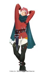 Rule 34 | 1boy, arms behind head, belt, checkered clothes, checkered scarf, closed mouth, commentary request, earrings, headband, itto (mentaiko), jewelry, long sleeves, male focus, original, patterned clothing, red hair, red shirt, scarf, shirt, short hair, smile, solo, spiked hair, weapon, white headband