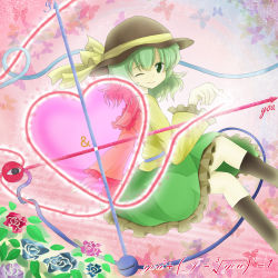 Rule 34 | 1girl, akashic randomizer, ampersand, arrow (symbol), black thighhighs, blue flower, blue rose, bow, bug, butterfly, cartesian coordinate system, equation, female focus, flower, frilled skirt, frills, green eyes, green hair, green skirt, hakufuu, hat, hat bow, heart, heart of string, insect, komeiji koishi, matching hair/eyes, math, one eye closed, rose, skirt, smile, solo, thighhighs, third eye, touhou, wink