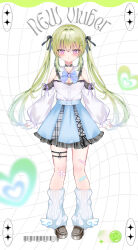 Rule 34 | 1girl, :o, bandaid, bandaid on leg, bare shoulders, black bow, black choker, blue bow, blue skirt, blush, bow, breasts, choker, cleavage, commentary request, crossed bandaids, frilled skirt, frills, green hair, grey footwear, grid background, hair between eyes, hair bow, hair ornament, hairclip, heart, highres, indie virtual youtuber, loafers, long hair, long sleeves, looking at viewer, loose socks, masumi richi, medium breasts, parted lips, pon (ponidrop), puffy long sleeves, puffy sleeves, purple eyes, shirt, shoes, skirt, sleeves past wrists, socks, solo, twintails, very long hair, virtual youtuber, white background, white shirt, white socks