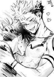 Rule 34 | 2boys, abs, adam&#039;s apple, arm tattoo, bikkusama, blush, chest tattoo, collarbone, confused, embarrassed, facial tattoo, fushiguro megumi, heart, highres, hug, jujutsu kaisen, looking at another, monochrome, multiple boys, nipples, open mouth, pale skin, pectorals, pectorals, ryoumen sukuna (jujutsu kaisen), topless male, short hair, shoulder tattoo, simple background, spiked hair, sweat, tattoo, toned, undercut, white background, yaoi