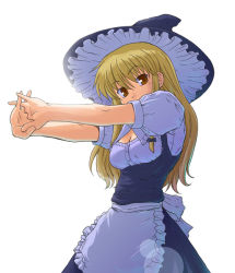 Rule 34 | 1girl, apron, black dress, black hat, blonde hair, bow, breasts, brown eyes, cleavage, cowboy shot, cracking knuckles, dress, female focus, from below, hair bow, haniwa, hat, interlocked fingers, kirisame marisa, long hair, maid apron, medium breasts, short sleeves, solo, standing, stretching, touhou, tsuyadashi shuuji, white background, witch, witch hat