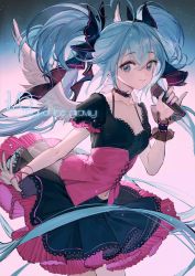 Rule 34 | 1/6 -out of the gravity- (vocaloid), 1girl, blue eyes, blue hair, breasts, choker, cleavage, commentary, corset, frilled skirt, frills, hair ornament, hair ribbon, hatsune miku, long hair, looking at viewer, medium breasts, microphone, multicolored nails, nail polish, navel, ribbon, rumoon, skirt, smile, solo, twintails, vocaloid, wings, wrist cuffs