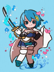 Rule 34 | 1girl, arms at sides, bad id, bad pixiv id, beamed eighth notes, blue eyes, blue footwear, blue hair, blue skirt, blue theme, blush, blush stickers, boots, breasts, broken heart, cape, chibi, commentary, detached sleeves, dot nose, eighth note, female focus, fortissimo, frills, full body, gloves, hair between eyes, hair ornament, hairclip, happy, heart, highres, holding, holding cape, holding clothes, holding sword, holding weapon, light particles, looking at viewer, magical girl, mahou shoujo madoka magica, mahou shoujo madoka magica (anime), miki sayaka, musical note, musical note hair ornament, pleated skirt, ripples, short hair, skirt, small breasts, smile, solo, standing, standing on liquid, standing on one leg, strapless, sword, symbol-only commentary, thighhighs, water, water drop, weapon, white cape, white gloves, white thighhighs, yukino super, zettai ryouiki