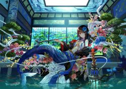 Rule 34 | 1girl, black hair, blue eyes, breasts, caustics, center opening, commentary request, fins, fish, fish tank, floral print, flower, full body, fuzichoco, hair between eyes, hair flower, hair ornament, head fins, holding, holding smoking pipe, hookah, indoors, japanese clothes, looking at viewer, mermaid, monster girl, navel, obi, original, plant, reclining, sash, scenery, small breasts, smoking pipe, solo, tree, water, water drop