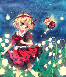 Rule 34 | 1girl, :d, blonde hair, blue eyes, bow, clenched hands, field, flower, flower field, hair bow, hair ornament, hair ribbon, hecha (01964237), holding, light particles, medicine melancholy, open mouth, ribbon, short hair, smile, touhou