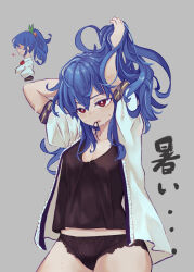 Rule 34 | 1girl, absurdres, arms behind head, black camisole, black panties, blue hair, camisole, hair tie in mouth, hand in own hair, hands in hair, highres, hinanawi tenshi, holding, holding hair, kaden (muxt8423), long hair, mouth hold, open clothes, open shirt, panties, ponytail, red eyes, shirt, simple background, solo, sweat, touhou, tying hair, underwear, white shirt
