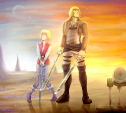 Rule 34 | 2boys, armin arlert, blonde hair, boots, cosplay, costume switch, crossover, he-man, masters of the universe, multiple boys, pantyhose, prince adam, shingeki no kyojin, short hair, sword, thigh strap, three-dimensional maneuver gear, weapon