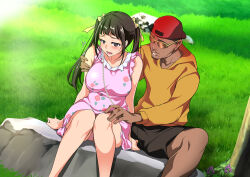 Rule 34 | 1girl, black eyes, black hair, blush, breasts, dress, embarrassed, frilled dress, frills, grass, hat, highres, knees together feet apart, large breasts, legs, long hair, looking down, open mouth, original, outdoors, rock, seichi junrei ntr ~paripi to otacir no kanojo~, sitting, sleeveless, sunglasses, taira issui, thighs, twintails