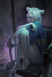 Rule 34 | 1girl, absurdres, animal ears, barefoot, building, can, chair, dino (dinoartforame), grey hair, highres, holding, holding can, knees to chest, looking at viewer, night, original, pointy ears, shirt, sitting, solo, t-shirt, thighs, window