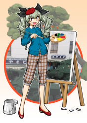 Rule 34 | 1girl, :d, anchovy (girls und panzer), anzio (emblem), beret, black ribbon, blue cardigan, brown eyes, brown pants, canvas (object), capri pants, cardigan, carro armato p40, casual, character name, collared shirt, commentary request, drill hair, easel, emblem, flats, girls und panzer, green hair, hair ribbon, hat, holding, holding paintbrush, long hair, long sleeves, looking at viewer, military, military vehicle, motor vehicle, ooarai (ibaraki), oosaka kanagawa, open mouth, paintbrush, painting (action), palette (object), pants, partial commentary, plaid, plaid pants, red footwear, red hat, ribbon, shirt, signature, smile, solo, standing, tank, textless version, tilted headwear, twin drills, twintails, white shirt