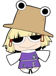 Rule 34 | 1girl, :&gt;, animal, blonde hair, chibi, female focus, frog, full body, hair ribbon, hat, kneehighs, long sleeves, looking at viewer, moriya suwako, no nose, outstretched arms, ribbon, shoes, short hair, simple background, skirt, skirt set, sleeves past wrists, socks, solo, spread arms, touhou, turtleneck, ume (noraneko), white background, white socks, wide sleeves