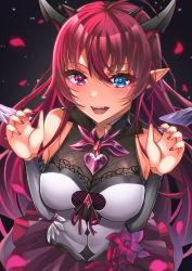 Rule 34 | 1girl, ahoge, bare shoulders, black background, blue eyes, blue hair, blush, breasts, breasts squeezed together, cleavage, collarbone, crystal wings, detached sleeves, detached wings, fangs, flower, from above, hair between eyes, heterochromia, highres, hololive, hololive english, horns, irys (hololive), irys (irys 1.0) (hololive), lace trim, large breasts, long hair, looking at viewer, multiple horns, nail polish, open mouth, petals, pleated skirt, pointy ears, purple eyes, purple hair, purple nails, see-through, simple background, skirt, smile, thick eyelashes, upper body, very long hair, virtual youtuber, wings, zacky