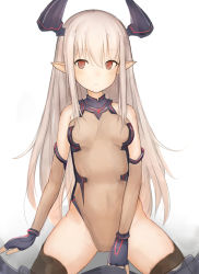 Rule 34 | 10s, 1girl, bad id, bad pixiv id, bare shoulders, black gloves, black thighhighs, borrowed character, breasts, closed mouth, colo mag-chan, detached sleeves, draph, eyebrows, fingerless gloves, gloves, granblue fantasy, guanhian, hair between eyes, horns, leotard, long hair, long sleeves, medium breasts, original, pointy ears, red eyes, silver hair, simple background, solo, thighhighs, white background