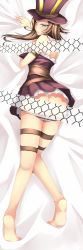 Rule 34 | 1girl, absurdres, arm belt, arm garter, ass, bad id, bad pixiv id, barefoot, bed sheet, black skirt, blue eyes, blush, breasts, brown hair, butt crack, caitlyn (league of legends), censored, dakimakura (medium), dean (momodean), full body, hat, highres, league of legends, long hair, lying, medium breasts, miniskirt, on stomach, panties, panty pull, pleated skirt, skirt, solo, striped clothes, striped panties, thigh strap, top hat, underwear