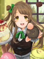 Rule 34 | 10s, 1girl, :d, apron, beniko08, blunt bangs, blush, brown hair, cake, collar, dessert, food, fruit, hair ribbon, highres, holding, interior, long hair, looking at viewer, love live!, love live! school idol project, macaron, minami kotori, open mouth, outstretched arm, parted bangs, ribbon, short sleeves, side ponytail, smile, solo, strawberry, waitress, window, yellow eyes