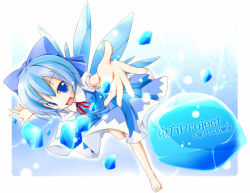 Rule 34 | 1girl, altivr, barefoot, blue eyes, blue hair, bow, cirno, embodiment of scarlet devil, foreshortening, highres, ice, kanzaki sora, matching hair/eyes, short hair, solo, touhou, wings