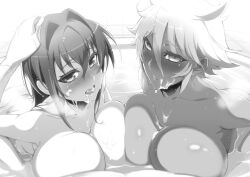 Rule 34 | 2girls, after ejaculation, blush, breast press, breasts, breasts squeezed together, cum, cum in mouth, cum on body, cum on breasts, cum on upper body, dark-skinned female, dark skin, demon girl, huge breasts, long hair, multiple girls, naruse mio, novel illustration, nude, official art, ookuma nekosuke, pool, shinmai maou no testament, short hair, tongue, tongue out, toujou basara, zest