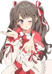 Rule 34 | 1girl, ;o, blowing kiss, blush, brown hair, capelet, commentary, djpwjd1, dress, frilled dress, frills, fujishima megumi, hair ribbon, highres, link! like! love live!, long hair, long sleeves, looking at viewer, love live!, official alternate costume, one eye closed, petit patissier (love live!), purple eyes, red capelet, red ribbon, ribbon, simple background, solo, strawberry brooch, striped ribbon, symbol-only commentary, two side up, upper body, virtual youtuber, white background, white dress