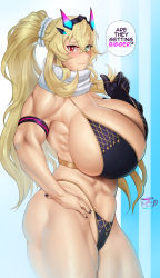 Rule 34 | 1girl, bikini, black bikini, black gloves, black nails, blonde hair, breasts, coffeeslice, cowboy shot, english text, barghest (fate), fairy knight gawain (ice warrior) (fate), fate/grand order, fate (series), from side, gloves, green eyes, heterochromia, highres, huge breasts, long hair, muscular, muscular female, nail polish, navel, ponytail, red eyes, scarf, single glove, solo, speech bubble, standing, swimsuit, very long hair, white scarf