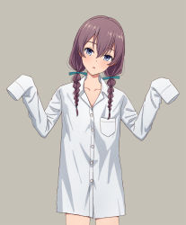 Rule 34 | 1girl, :o, blue eyes, blue ribbon, blush, braid, breast pocket, collar, collarbone, commentary request, cowboy shot, dress shirt, grey background, hair between eyes, hair ribbon, hands up, head tilt, highres, long hair, long sleeves, looking back, no pants, open mouth, original, oversized clothes, pocket, purple hair, ribbon, shirt, simple background, sleeves past fingers, sleeves past wrists, solo, twin braids, wing collar, yahiro (epicopeiidae)
