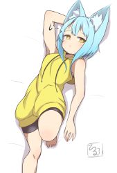 Rule 34 | 1girl, animal ear fluff, animal ears, arm behind head, arm up, bare arms, bare shoulders, bike shorts, black shorts, blue hair, blush, breasts, brown eyes, closed mouth, drawstring, feet out of frame, highres, hood, hood down, hoodie, idaten93, knee up, long hoodie, looking at viewer, lying, on back, original, short shorts, shorts, sleeveless, sleeveless hoodie, small breasts, solo, terufu-chan, yellow hoodie