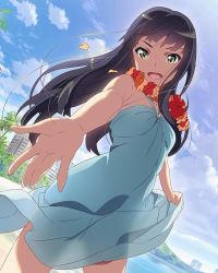 Rule 34 | 10s, 1girl, :d, beach, clothes lift, cloud, cowboy shot, day, dress, dress lift, dutch angle, female focus, flower necklace, green eyes, halterneck, lei, long hair, looking at viewer, nanase yoshino, official art, open \m/, open mouth, outstretched arm, purple hair, see-through silhouette, smile, solo, sundress, wake up girls!, wake up girls! stage no tenshi, wind, wreath