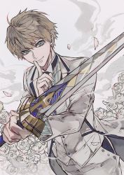 Rule 34 | 1boy, arthur pendragon (fate), arthur pendragon (white rose) (fate), blonde hair, blue eyes, closed mouth, coat, ebanoniwa, excalibur (fate/stay night), fate/grand order, fate (series), finger to mouth, flower, holding, holding sword, holding weapon, index finger raised, long sleeves, looking at viewer, male focus, pants, rose, shushing, smile, solo, sword, tailcoat, vest, weapon, white coat, white flower, white pants, white rose, white vest