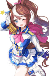 Rule 34 | 1girl, animal ears, ascot, asymmetrical gloves, blue eyes, blue jacket, blue skirt, blush, bow, breasts, brown hair, buttons, cape, commentary request, double-breasted, ear ornament, ear ribbon, epaulettes, gloves, hair between eyes, hanamura pink, high ponytail, highres, horse ears, horse girl, horse tail, jacket, long hair, long sleeves, medium breasts, middle w, mismatched gloves, multicolored clothes, multicolored hair, multicolored jacket, one eye closed, open mouth, pink ascot, pink bow, pink cape, pleated skirt, ponytail, simple background, single epaulette, skirt, smile, solo, standing, standing on one leg, star (symbol), streaked hair, tail, tokai teio (umamusume), two-tone hair, two-tone jacket, two-tone skirt, umamusume, w, white background, white footwear, white hair, white jacket, white skirt