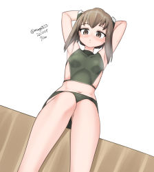Rule 34 | 1girl, absurdres, bed, black shorts, brown eyes, brown hair, crop top, dated, exercising, feet out of frame, flat chest, headband, headgear, highres, kantai collection, maru (marg0613), navel, one-hour drawing challenge, shirt, shorts, simple background, sitting, solo, taihou (kancolle), twitter username, white background