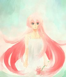 Rule 34 | 1girl, bad id, bad pixiv id, bare shoulders, character request, dress, female focus, flower, gradient background, itirirenn, long hair, pale color, pink hair, plant, solo, spider lily, sundress, white dress